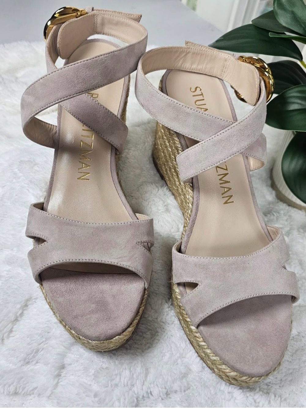 Stuart Weitzman Blush Suede Espadrille Wedge Sandals